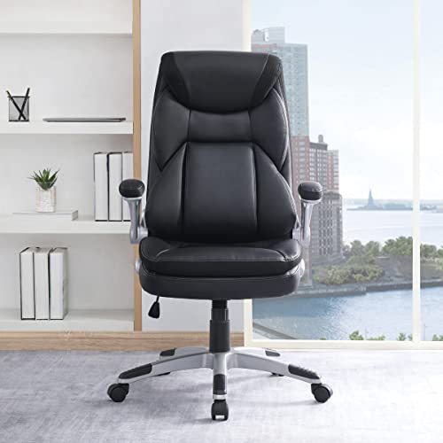 Office Star ECH Series Executive Bonded Leather Office Chair with Lumbar Support and Padded Height Adjustable Arms, Black with Silver Coated Nylon Base - color: Black With Silver Coated Nylon Base