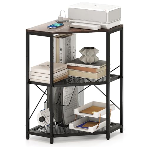 GOFLAME Corner Printer Stand with Charging Station, Freestanding 3-Tier Printer Table with Adjustable Metal Mesh Shelf, Storage Rack Organizer for Home Office Living Room (Rustic Brown + Black) - color: Rustic Brown + Black