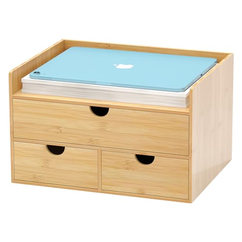 Bamboo Desk Drawer Organizer, Large Desktop Organizer with Drawers Tabletop Storage Organization Box for Office Home Toiletries Supplies Vanity, No Assembly Required (3 Drawer with Shelf) - color: 3 Drawers with shelf-U1D2, size: Small