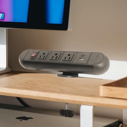 FOH Aluminum Desk Clamp Power Strip, 3 Port Clamp 1875W, 6FT Cable | Multi-Contact USB Power, Power Socket Surge Protector with Switch, 3 in 1 Desk Stand with 3CA, with USB-A & USB-C, Round - size: Round