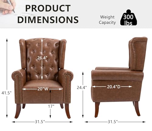 MOJAY Mid-Century PU Leather Accent Chair, Living Room Lounge Sofa Chair with Buttons, Single Club Armchair with Rivet Trim for Bedroom Home Reception (Brown) - color: Brown, size: Set of 1