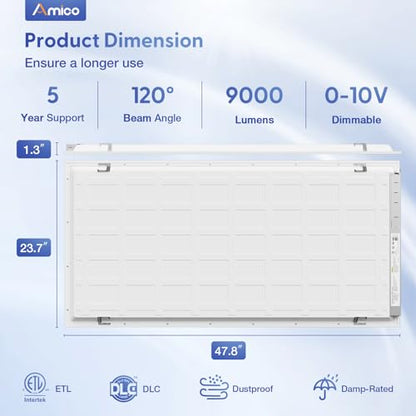 Amico 8 Pack 2x4 LED Flat Panel Light Fixture with 5CCT, 72W, 9000LM, ETL