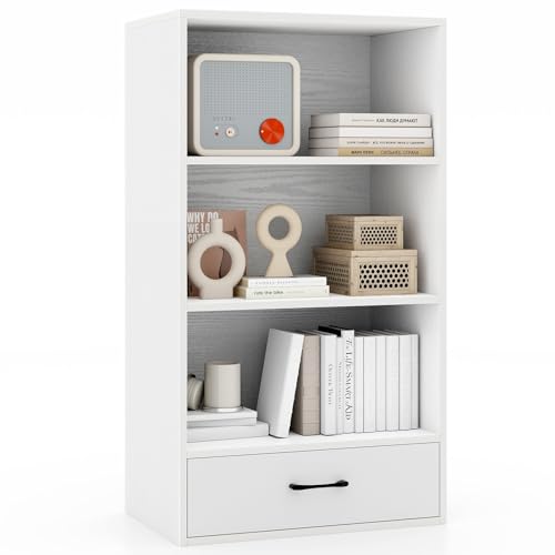 Tangkula 3 Tier Bookcase with Drawer, 42.5”Tall Freestanding Bookshelf with 3 Open Shelves & 1 Drawer, Anti-toppling Devices, Modern Display Storage Organizer for Home Office (White, 42.5" H) - color: White, size: 42.5"H