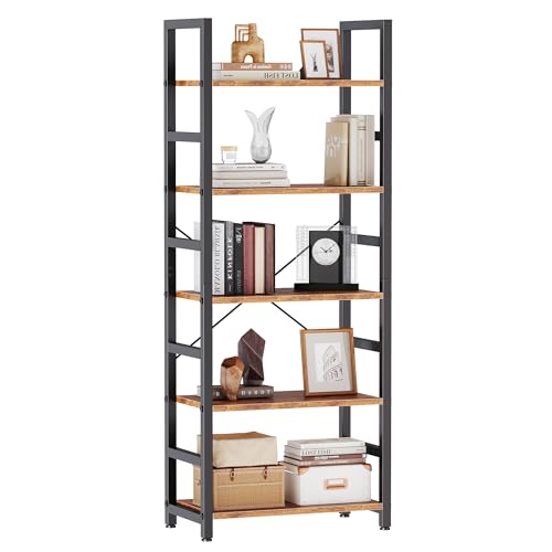 DUMOS 5-Tier Bookshelf, Modern Tall Bookcase | Open Storage Display Shelf for Living Room, Bedroom, Home Office, Narrow Standing Shelving Unit for Books, CDs Rustic Brown - color: Rustic Brown, size: 5 Tier