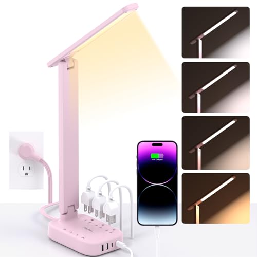LED Desk Lamp, Power Strip with 4 USB 3 Outlets, Dorm Room Essentials, Pink - color: Pink, size: 5 Ft