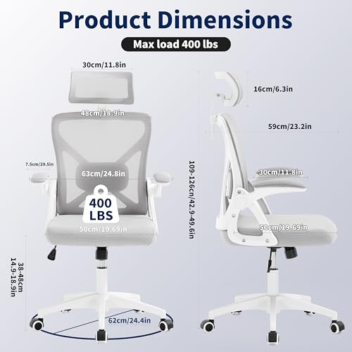 400 Lbs Mesh Ergonomic Office Chair, High Back with Lumbar & Headrest for Home Office - color: Grey
