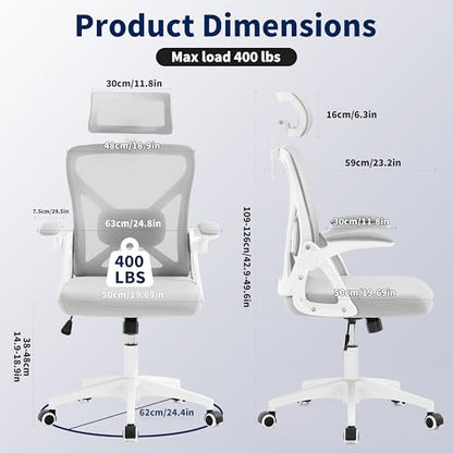 400 Lbs Mesh Ergonomic Office Chair, High Back with Lumbar & Headrest for Home Office - color: Grey