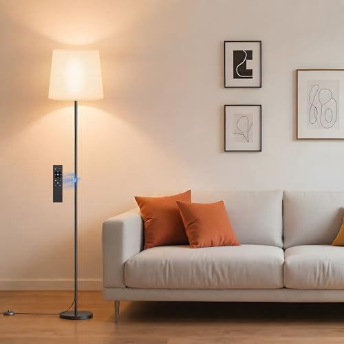 Dimmable Floor Lamp with Linen Shade for Living Room | Dimmable LED Standing Lamp with Remote & Foot Switch, Modern Floor Reading Light for Bedroom Office Corner - color: White (Remote)