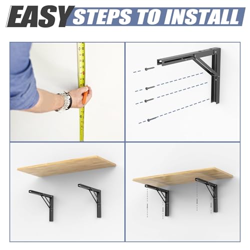 WALMANN 16 in Folding Wall Shelf Brackets, Wall Mount Collapsible Brackets | for Workbench/Table, 150 lbs Capacity, Space-Saving Shelf Hinges for Garage, Kitchen, Laundry, No Board - size: 16 Inch