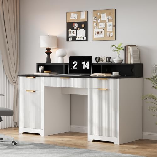 Office Desk MDF, Power Outlets, Monitor Stand, White/Black | MDF desk, built-in power outlets, raised monitor stand, keyboard pull-out, file cabinet drawers, home office