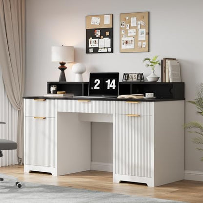 Office Desk MDF, Power Outlets, Monitor Stand, White/Black | MDF desk, built-in power outlets, raised monitor stand, keyboard pull-out, file cabinet drawers, home office