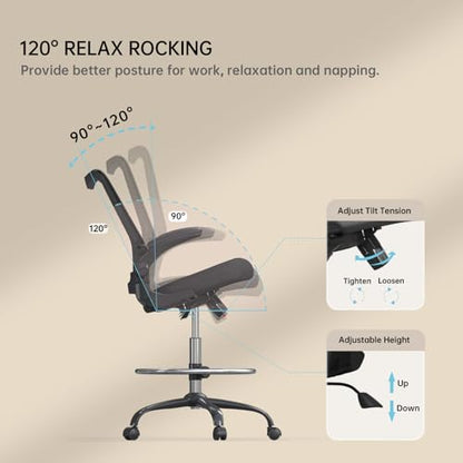 Drafting Chair,Tall Office Chair for Standing Desk,Office Drafting Chair with Footrest Ring,High Office Chair with Tilt Back,Extra Tall Office Chairs with Flip Up Armrest - color: Black Frame&seat