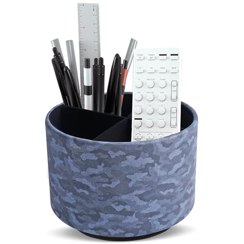Round Leather Art Supply Organizer,Remote Control Holder,360 Degree Rotating,Multi-Functional Pencil Holder,4 Compartments Desktop Stationary Organizer(1-Camouflage Blue) - color: 1-Camouflage Blue