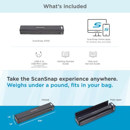 ScanSnap iX100 Wireless Mobile Portable Scanner, Black