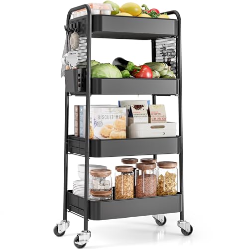 TOOLF 4 Tier Rolling Cart, Metal Utility Storage Cart with Pegboard, Black | 2 Bins & 4 Hooks, Screwless Assembly, Lockable Wheels, Trolley Organizer for Bathroom, Kitchen, Office, Dorm, Craft Room - color: Black, size: 4-Tier