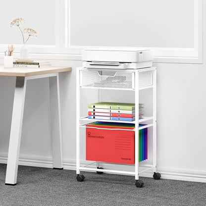 Cawukege 3 Tier Printer Stand, Small Mobile Table with Wheels, Printer Shelf Rolling Cart with Storage Desk Organizer Hanging File for Office Home, White - color: White