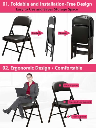 2 Pack Folding Chairs with Leather Padded Cushion and Back Metal - size: 2 pack
