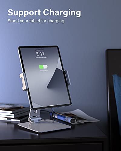Maxonar Tablet Stand for Desk, 360° Adjustable Aluminum Alloy Swivel iPad Charging Tablet, iPad Pro Air Mini Tablet Holder for Bed Store POS Showcase Kitchen Office Drawing Desktop (6-13''), Silver - color: Silver