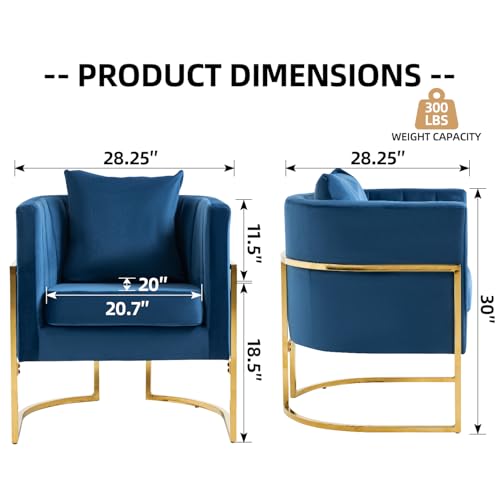 Velvet Accent Barrel Chairs Set of 2, Modern Arm Club Chair Set with Pillow for Living Room/Bedroom/Guest Reception, Channel Tufted, Gold Finish Base, Navy Blue - color: Navy Blue, size: 2 PCS