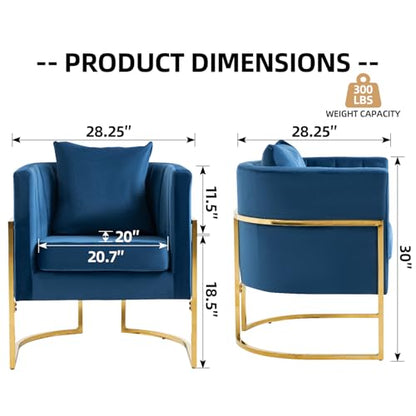 Velvet Accent Barrel Chairs Set of 2, Modern Arm Club Chair Set with Pillow for Living Room/Bedroom/Guest Reception, Channel Tufted, Gold Finish Base, Navy Blue - color: Navy Blue, size: 2 PCS
