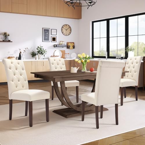 COLAMY Tufted Dining Chairs Set of 4, Accent Parsons Diner Chair Upholstered Fabric Stylish Kitchen Chairs with Solid Wood Legs and Padded Seat, Beige - color: Beige, size: set of 4