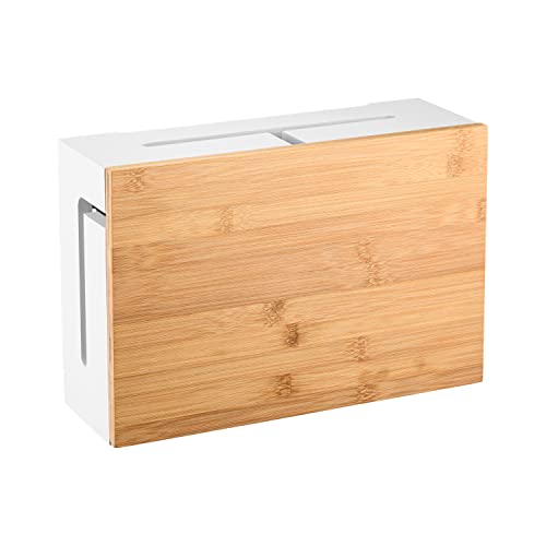 Cable Management Box Bamboo 12.6x7.9x4.3in, White, Wall Mount Kit Included - color: White