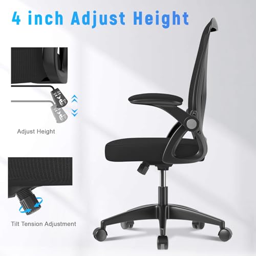 naspaluro Home Office Desk Chair Mid Back with Adjustable Height Dark Black | Comfy Ergonomic Chair with Flip-Up Arm and Lumbar Support, Breathable Mesh Swivel Computer Chair for Study Working Teacher - color: Dark Black