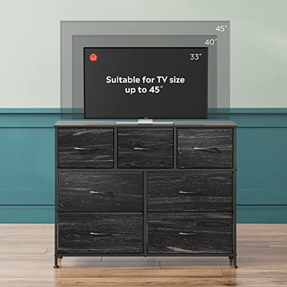 WLIVE 7 Drawer Dresser TV Stand, Entertainment Center, Media Console Table with Metal Frame and Wood Top for TV up to 45 inch, Chest of Drawers for Bedroom, Charcoal Black Wood Grain Print - color: Charcoal Black Wood Grain Print