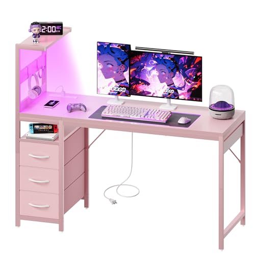 48 Inch Small Gaming Computer Desk with Led Lights & Storage Shelf, Pink | Reversible, Power Outlets, 3 Drawers, Carbon Fiber, PC Desk, Mesa Gamer, Compact Desk for Small Space, Bedroom, Home Office - color: Pink, size: 48 Inch