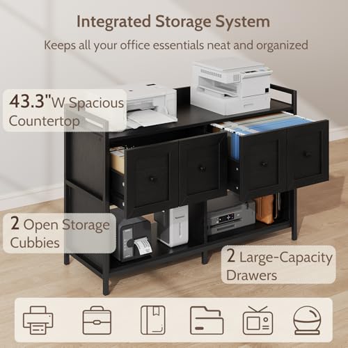 Filing Cabinet for Home Office, 43" Wood File Cabinet with Power Outlet, 2 Drawers, 2 Open Storage Shelves, Black Lateral File Storage Fits Legal/Letter/A4 Size, Printer Stand with Bookshelf Organizer