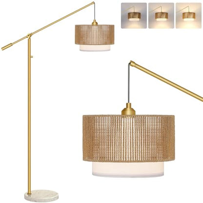 【Upgraded】Boho Dimmable Floor Lamp with Adjustable Swing Arm, 1100 Lumens Bulb Included, Modern Standing Lamp with Rattan & Fabric Shades, Tall Arc Floor Lamp for Living Room Bedroom, Gold, Heavy Base - color: Bohemian-Gold-Heavy Base