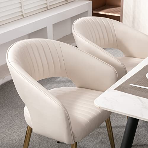 Modern Dining Chairs Set of 2, Upholstered PU Leather Dining Room Chairs with Gold Metal Legs, Accent Kitchen Chairs with Curved Backrest for Living Room, Cream - color: Cream