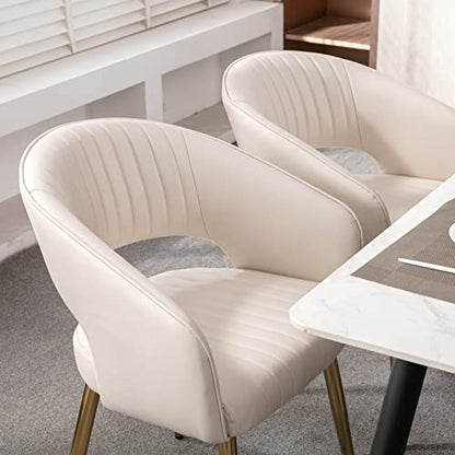 Modern Dining Chairs Set of 2, Upholstered PU Leather Dining Room Chairs with Gold Metal Legs, Accent Kitchen Chairs with Curved Backrest for Living Room, Cream - color: Cream