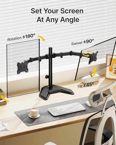monTEK Freestanding Dual Monitor Stand for 17-32" Screens, 22 lbs Each | Solid V-shaped base, dual-screen full-motion arms, height adjustment, tilt, swivel, rotation and VESA 75/100 - size: Dual Monitor
