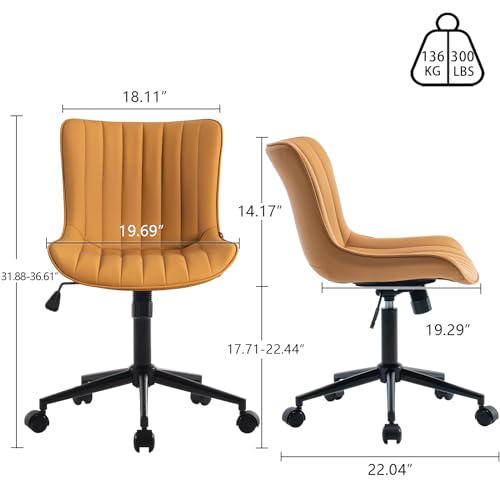 YOUNIKE Office Desk Chair with Wheels Armless Vanity Chair Modern Tan | Faux Leather Upholstered with Rocking Back, Swivel Height Adjustable Small Cute Computer Rolling Task Chair Ergonomic 300lb - color: Tan, size: Base Black