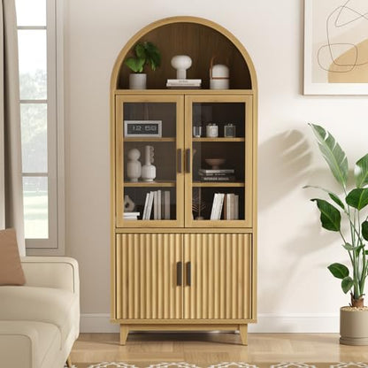 Arched Cabinet with Glass Doors, Fluted Pantry Cabinet with Solid Wood Legs - color: Wood Grain, size: Tall Arched - 15.7"D x 31.1"W x 70.8"H