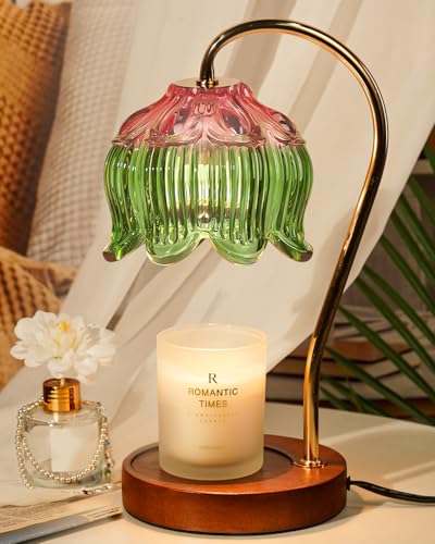 Funistree Glass Candle Warmer Lamp with Timer, Electric Candle Warmer Lamp, Graduation Birthday Gifts for Women Girls, Flower Candle Light Warmer Gifts, Aromatic Candle Warmer for Vintage Home Decor - color: 16 Pink&Green