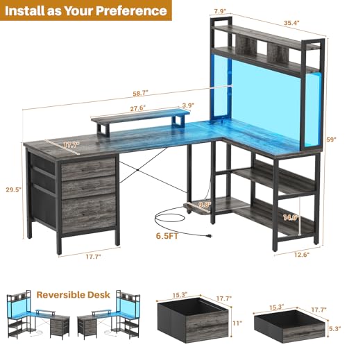 Aheaplus L Shaped Desk with Hutch, Gaming Desk with Led Lights, Reversible Computer Desk with Power Outlet, Corner Desk with File Drawer & Monitor Stand, Storage Shelves for Home Office, Black Oak - color: Black Oak