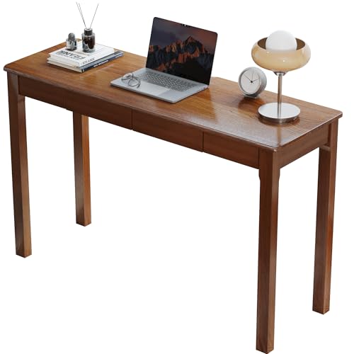 Solid Wood Desk with Drawers - 47 x 16 Inch Vintage Narrow Desks, Mid Century Modern Desks, Rubber Wood Study Table, Small Writing Desk for Bedroom|Small Spaces - Walnut Color - color: Walnut, size: 47.2 in W x 15.7 in D