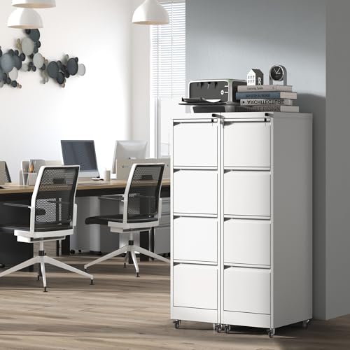 IKIMI 4 Drawer Mobile File Cabinet with Lock,White Metal Filing Cabinets - color: White, size: 4 Drawers with Wheels