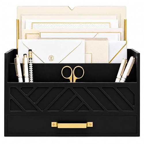 BLU MONACO | Wooden Mail Organizer with Drawer and Gold Handle | Mail Sorter Organizer Countertop for Desk | Outgoing Mail Holder and Letter Sorter for Desk Storage - color: Black