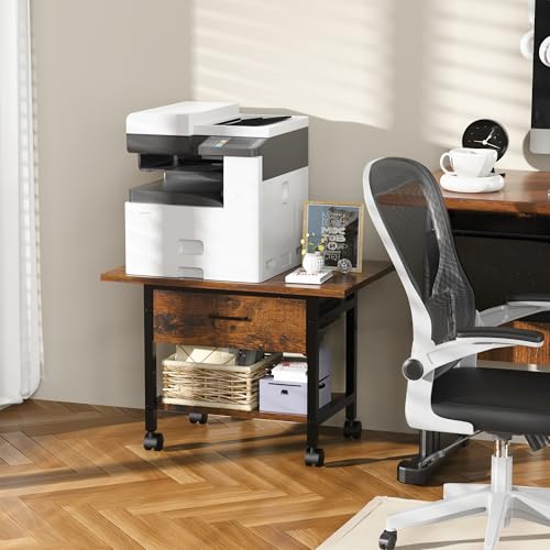 Aetheris Heavy-Duty Printer Stand with Locking Wheels, 2 -Tier Under Desk Table with Storage Drawer, Large Rolling Cart, Printer Table, Fits Printer Scanner Fax Machine, 22" x 15" x 18.3", Brown - color: Brown