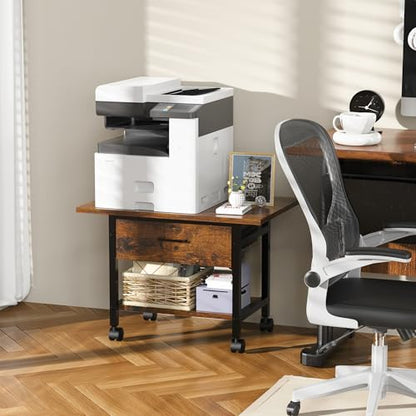 Aetheris Heavy-Duty Printer Stand with Locking Wheels, 2 -Tier Under Desk Table with Storage Drawer, Large Rolling Cart, Printer Table, Fits Printer Scanner Fax Machine, 22" x 15" x 18.3", Brown - color: Brown