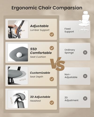 ProtoArc EC200 Ergonomic Office Chair with Adjustable Seat Depth, Grey | Lumbar Support, High-Back, Mesh Desk Chair, Home Office 8+ Long Hours Sitting, For Remote Workers & Programmers - color: Grey