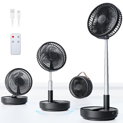 Portable Oscillating Travel Fan, 10400mAh Rechargeable Battery with Remote | Foldable, Floor Table Desk Fan ,8H Timer, 4 Speed Settings Pedestal Fan for Home Bedroom Sleeping Camping Cruise, Black 8" - color: Black-10400mAh, size: 8 inch