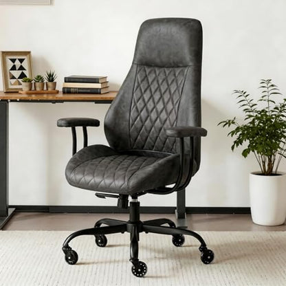 E-Motie Leather Office Chair, Mid Century Modern Desk Chair, Dark Grey - color: Dark Grey