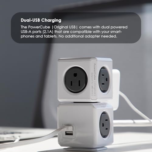 Power Strip Allocacoc PowerCube Extended 4 Outlets 2 USB 10ft 14AWG Cable, 15A 125V 1875W Max Extenion Surge Protector, Mounting Dock, No Blockage Phone Laptop Travel Dorm Home Office Space Saving ETL