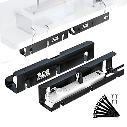 Qiyuan Under Desk Cable Management Tray, 2-Pack No-Drill 16" Cord Organizer | for Standing Desk or Table, Power Strip Holder, Cable Hider, Holds 15lbs, Clamp & Adhesive Mount, Indoor Outdoor, Aluminum