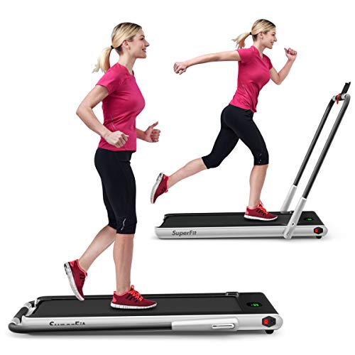 GYMAX Walking Pad, 2 in 1 Free Installation Under Desk Treadmill with Smart App, Remote Control & LED Display, 2.25HP Foldable Portable Compact Running Machine for Small Spaces Home Office - color: Silver