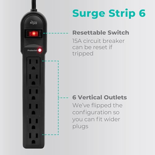 KMC 6-Outlet Surge Protector Power Strip 2-Pack, 900 Joules, 4-Foot Extension Cord, Overload Protection, Black - color: 2 pack black